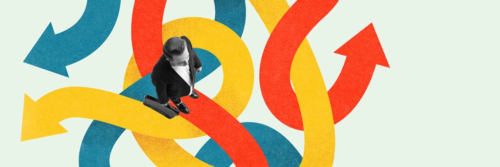 Strategy - business man with brief case top view standing on arrows in different directions